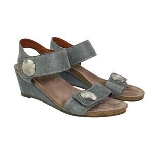 Taos Women's Carousel Sz 10 Gray-Blue Leather Cork Wedge Summer Comfort Sandals